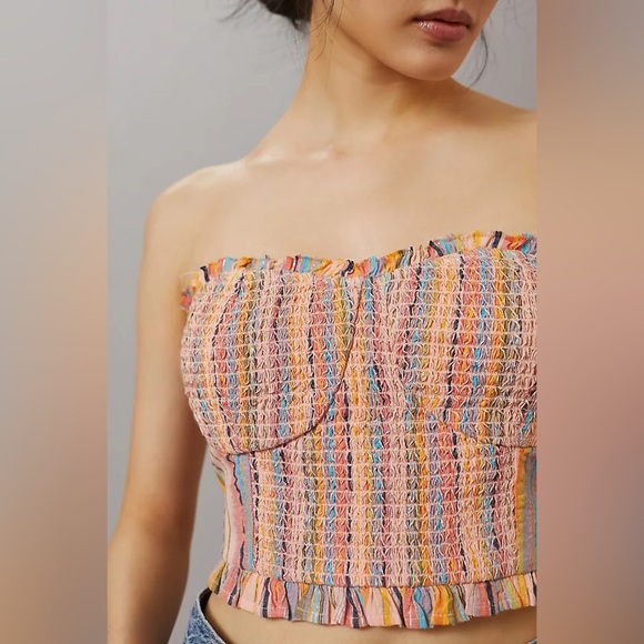 Anthropologie Pilcro Rainbow Smocked Crop Top Small striped boho festival corset - Picture 2 of 12